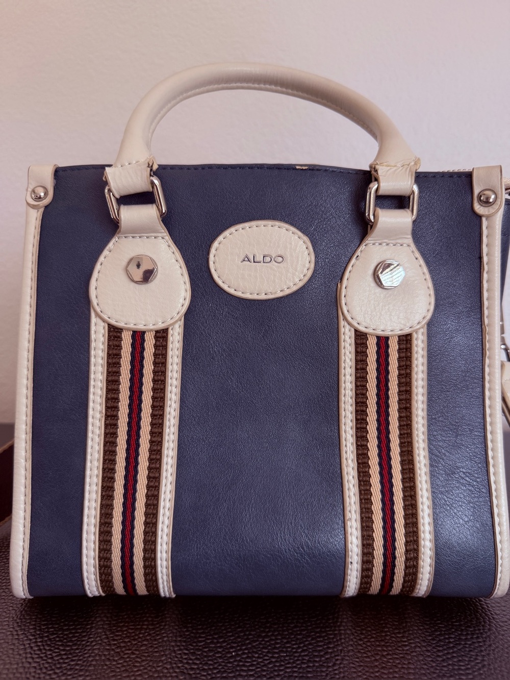 ALDO Navy and Cream Striped-Trim Satchel